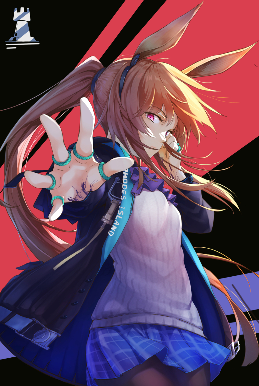 1girl amiya_(arknights) animal_ears arknights arm_up ascot black_coat black_pantyhose blue_skirt brown_hair chinese_commentary clothes_writing coat commentary_request cowboy_shot grey_sweater hair_tie hand_in_own_hair highres jewelry kuma-ra long_hair long_sleeves looking_at_viewer material_growth miniskirt multiple_rings open_clothes open_coat oripathy_lesion_(arknights) outstretched_arm outstretched_hand pantyhose partial_commentary pink_eyes plaid_clothes plaid_skirt pleated_skirt purple_ascot rhodes_island_logo_(arknights) ribbed_sweater ring skirt solo standing sweater