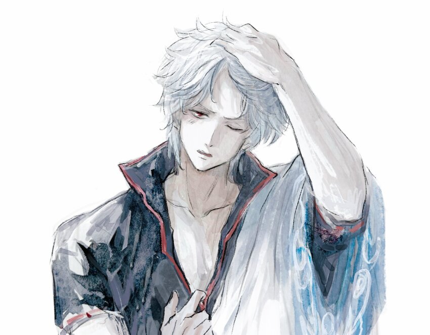 1boy arm_up black_shirt collarbone gintama hand_in_own_hair hand_on_own_head hand_up highres japanese_clothes kimono looking_at_viewer lushu_kuye male_focus one_eye_closed open_clothes open_kimono parted_lips pectoral_cleavage pectorals popped_collar red_eyes sakata_gintoki shirt short_hair short_sleeves solo upper_body white_background white_hair white_kimono wide_sleeves