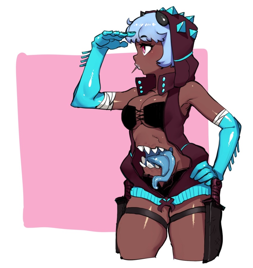 1girl bandeau black_bandeau blue_gloves blue_hair blue_tongue breasts colored_tongue commentary cowboy_shot dark-skinned_female dark_skin elbow_gloves extra_mouth gloves highres medium_breasts minkye original pink_eyes profile red_hood second-party_source sharp_teeth sheath shiny_clothes shiny_skin short_hair skindentation solo stomach_mouth sword teeth thigh_strap weapon white_lips