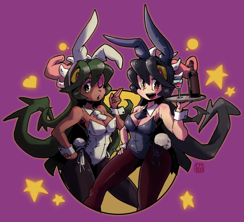 2girls bottle cropped_legs cup drinking_glass eyeshadow filia_(skullgirls) fukua_(skullgirls) green_eyes green_hair green_lips hand_on_own_hip heart highres leotard long_hair makeup multiple_girls neko_mata_g open_mouth playboy_bunny prehensile_hair purple_background rabbit_ears rabbit_tail red_eyes samson_(skullgirls) shamone_(skullgirls) skullgirls smile star_(symbol) tray wine_glass wrist_cuffs