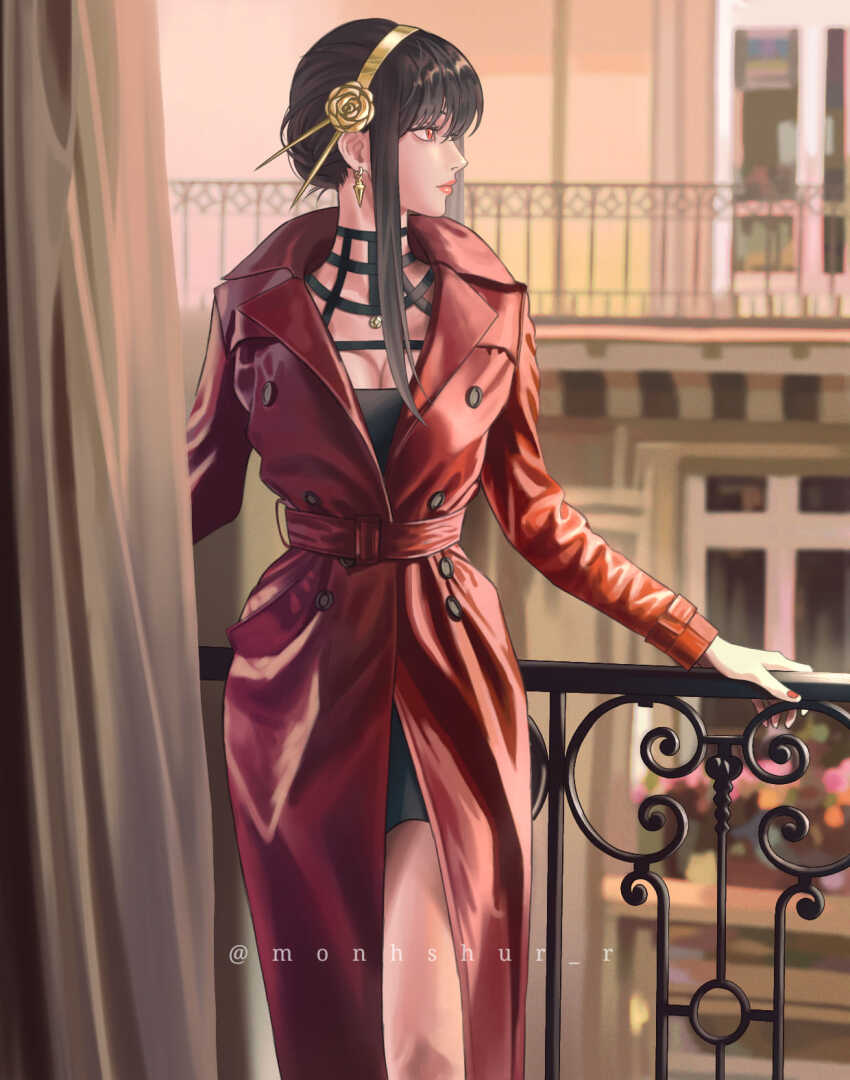 1girl against_railing black_dress black_hair blurry blurry_background breasts cleavage coat commentary commentary_typo curtains dress earrings gold_earrings gold_hairband hairband highres instagram_username jewelry long_coat looking_to_the_side medium_breasts monhshur_r railing red_coat red_eyes red_nails sidelocks solo spy_x_family yor_briar