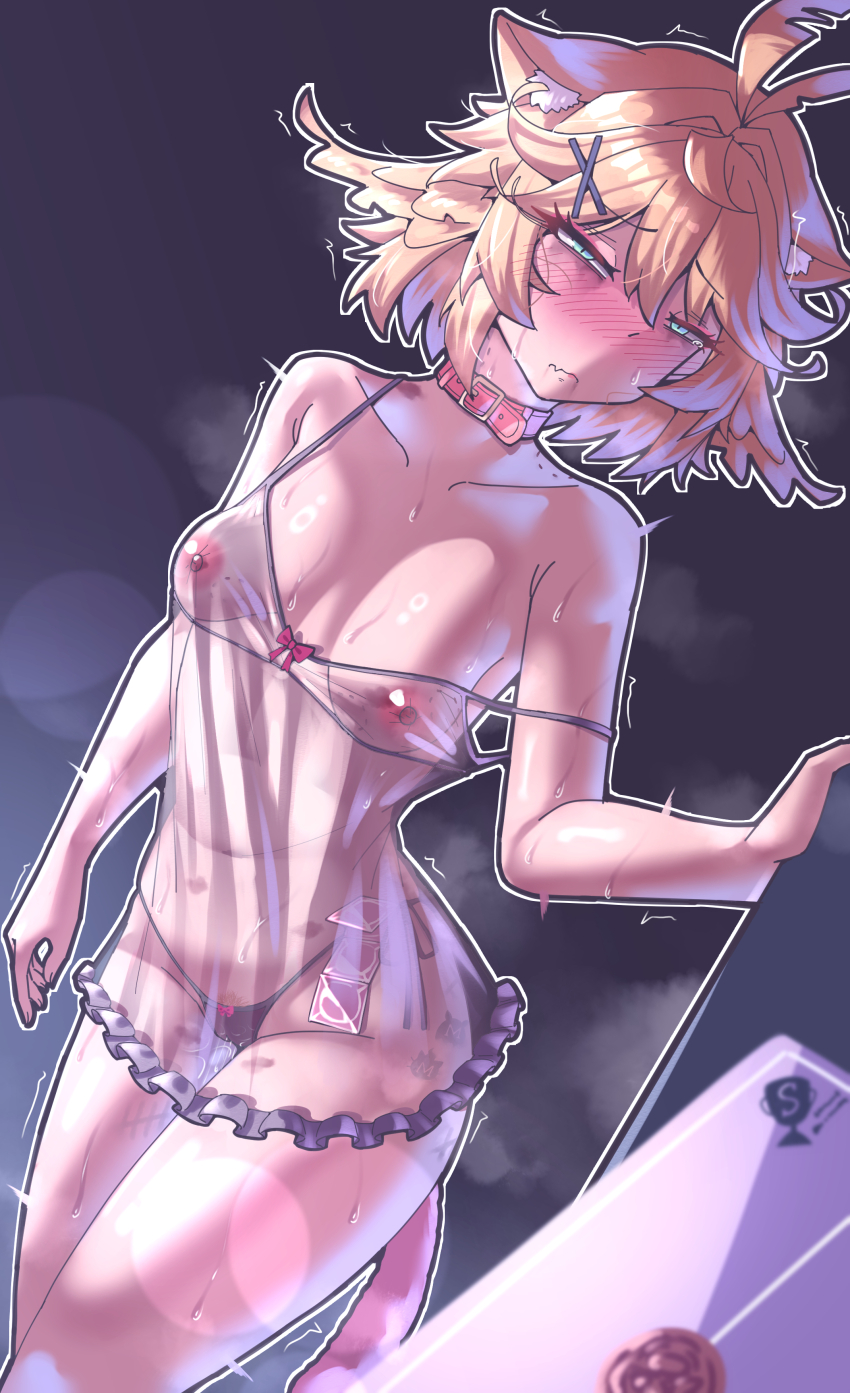1girl absurdres babydoll bite_mark bite_mark_on_breast bite_mark_on_neck blush breasts cleavage collar collarbone condom condom_packet_strip condom_wrapper dokibird_(vtuber) female_pubic_hair frilled_babydoll highres indie_virtual_youtuber lipstick_mark looking_at_viewer makeup navel panties pink_babydoll pubic_hair pussy_juice runny_makeup see-through_babydoll see-through_clothes solo sweat twitching underwear virtual_youtuber waieeeee