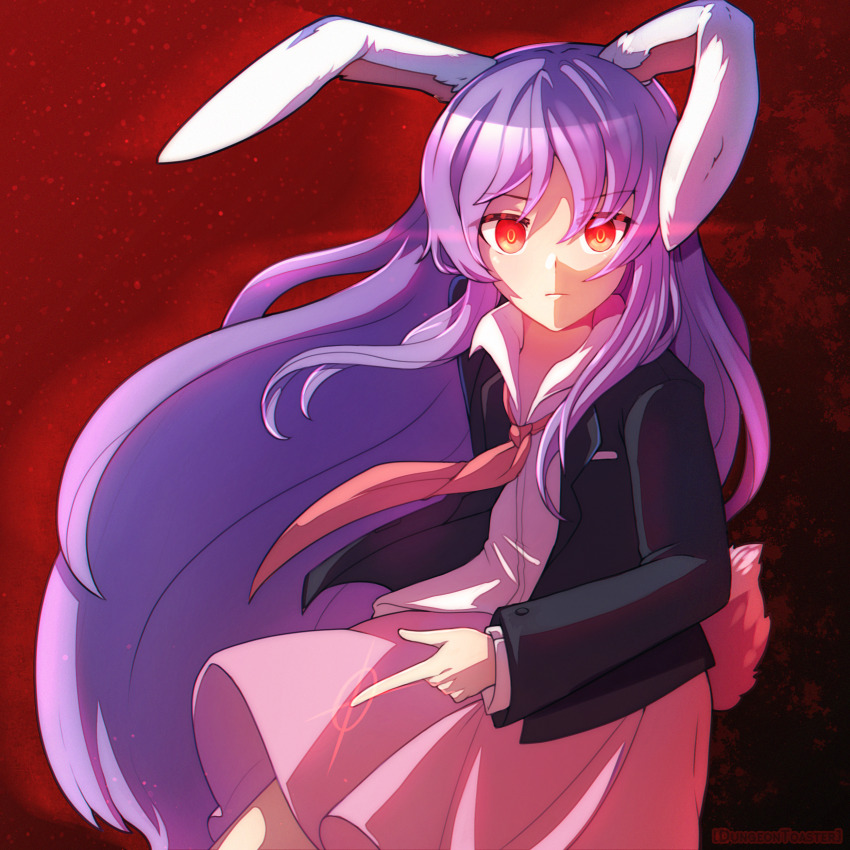 1girl :| absurdres animal_ears blazer breasts closed_mouth collared_shirt dungeon_toaster expressionless eyelashes finger_gun glowing glowing_eyes highres jacket long_hair long_sleeves looking_at_viewer medium_breasts necktie orange_eyes pink_skirt rabbit_ears rabbit_tail red_necktie reisen_udongein_inaba shirt sidelocks skirt solo standing suit_jacket tail touhou udongeinx very_long_hair white_shirt wing_collar
