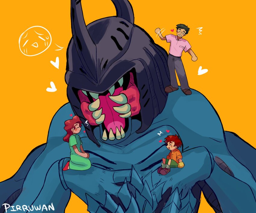 blush child claws closed_eyes digimon digimon_(creature) digimon_adventure embarrassed family glasses gloves heart highres horns izumi_kae izumi_koshiro izumi_masami kabuterimon looking_at_another pirruwan sharp_teeth smile teeth