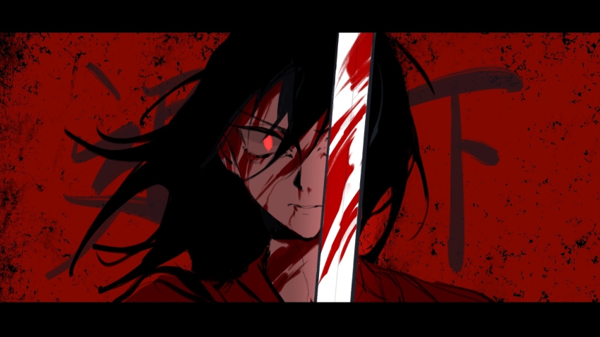 1boy black_hair bleeding blood blood_on_face blood_on_neck blood_splatter bloody_weapon chinese_clothes chinese_commentary chinese_text dao_gui_yi_xian fajiaoshao floating_hair glowing glowing_eye hair_between_eyes hanfu highres holding holding_sword holding_weapon injury letterboxed li_huowang limited_palette long_hair looking_at_viewer male_focus parted_lips red_background red_eyes red_hanfu red_theme solo sword weapon