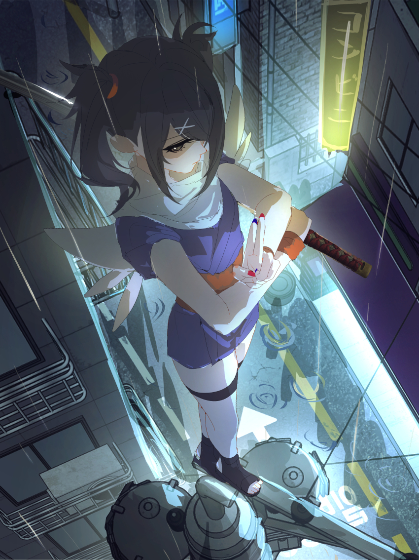 1girl absurdres ame-chan_(needy_girl_overdose) angel_wings black_eyes blue_nails commentary hair_ornament highres junpaku_karen katana nail_polish needy_girl_overdose red_nails road short_sleeves solo standing sword thigh_strap twintails utility_pole weapon wings x_hair_ornament