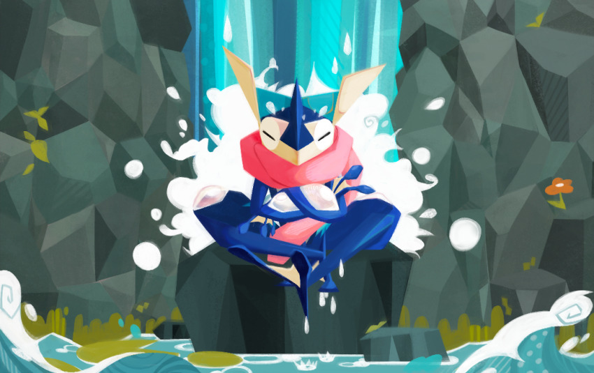 animal_focus closed_eyes contest_winner crossed_arms crossed_legs flower gen_6_pokemon greninja kobayamato nintendo no_humans non-web_source official_art on_rock orange_flower pokemon pokemon_(creature) pokemon_focus pokemon_tcg rock second-party_source sitting tongue_scarf water waterfall waterfall_shower