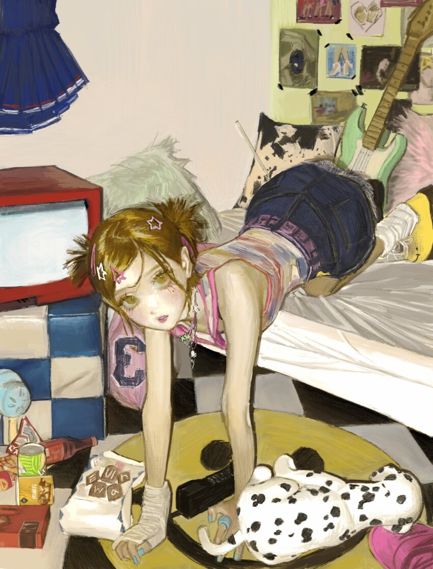 1girl all_fours antique_phone bag_of_chips bare_shoulders bed bedroom belt blonde_hair blue_nails blush box box_of_chocolates can cordless_phone crt denim denim_skirt drink_can electric_guitar gloves guitar hair_between_eyes hair_ornament highres instrument jewelry leg_warmers looking_at_viewer messy_room mole mole_under_eye necklace on_bed open_mouth original parted_bangs partially_fingerless_gloves phone pillow pink_belt pink_lips poster_(object) ring rug short_hair short_twintails sidelocks single_glove skirt smiley_face socks soda_can solo star_(symbol) star_hair_ornament stuffed_animal stuffed_dog stuffed_toy tank_top twintails white_gloves whoisluvme y2k_fashion yellow_eyes yellow_socks