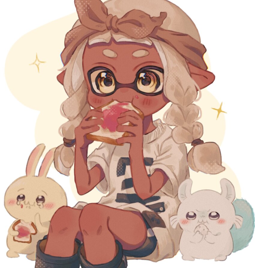 1girl bike_shorts black_footwear black_shorts blonde_hair blush braid bread bread_slice brown_bandana closed_mouth commentary_request dark-skinned_female dark_skin eating food food_on_face highres holding holding_food inkling inkling_girl inkling_player_character invisible_chair long_hair nintendo ochocho2828 pointy_ears shirt short_sleeves shorts sitting solo sparkle splatoon_(series) splatoon_3 t-shirt tentacle_hair twin_braids white_shirt yellow_eyes