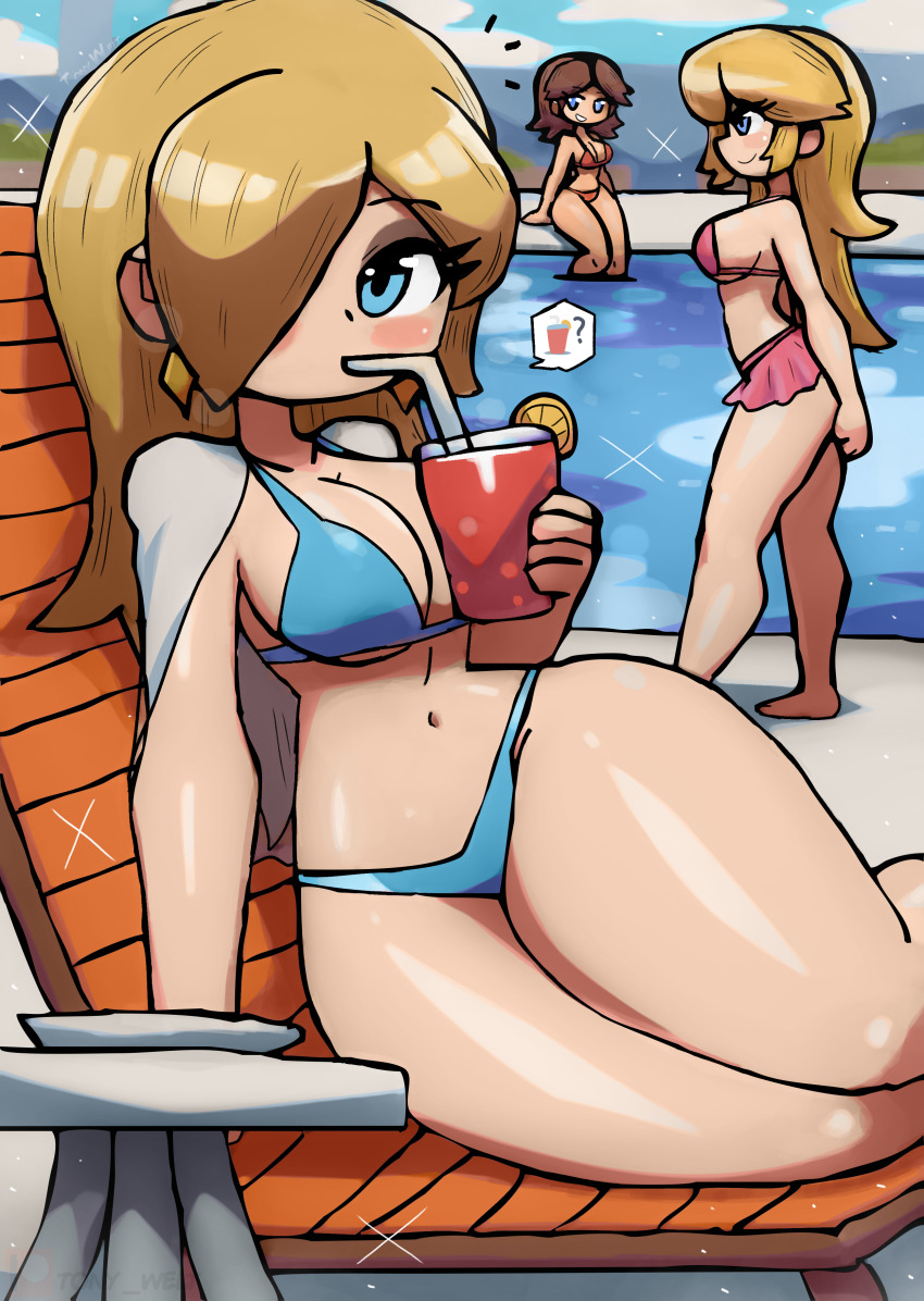 3girls ? absurdres arm_support barefoot bikini bikini_skirt blonde_hair blue_bikini blue_eyes blush breasts brown_hair chair cleavage cloud collarbone cup drink drinking drinking_glass earrings food fruit grin hair_over_one_eye highres holding holding_drink jewelry large_breasts lemon lemon_slice long_hair looking_at_viewer mario_(series) multiple_girls navel nintendo open_clothes open_shirt orange_bikini pink_bikini pool princess_daisy princess_peach rosalina shirt sideboob sitting sky smile sparkle speech_bubble spoken_drink spoken_food spoken_question_mark standing super_mario_bros._1 super_mario_galaxy super_mario_land swimsuit teeth thick_thighs thighs tony_welt tropical_drink underboob water white_shirt wide_hips