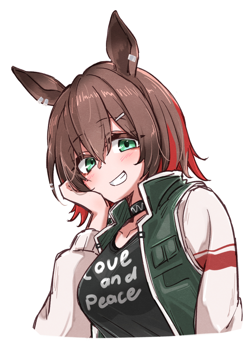 1girl :d animal_ears arknights black_shirt blush brown_hair catapult_(arknights) clothes_writing commentary cropped_torso green_eyes green_vest grin hair_between_eyes hair_ornament hairclip head_rest highres long_sleeves looking_at_viewer maiq06 multicolored_hair one-hour_drawing_challenge open_mouth red_hair shirt short_hair simple_background smile solo streaked_hair t-shirt vest white_background