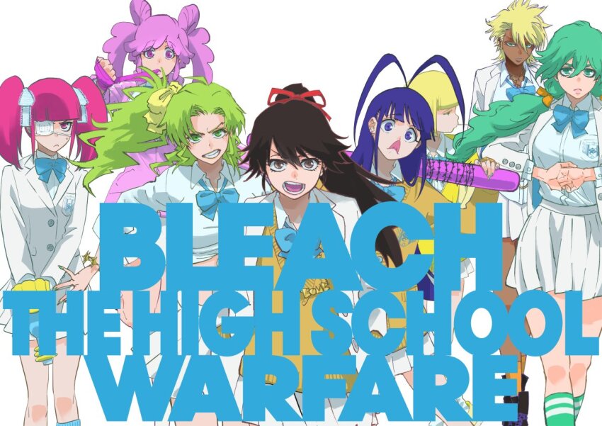 1boy 6+girls androgynous antenna_hair arrancar bambietta_basterbine barbed_wire baseball_bat belt black_hair blazer bleach bleach:_sennen_kessen-hen blonde_hair blue_eyes blunt_bangs blunt_ends bob_cut bow breasts candice_catnipp closed_mouth collarbone dark-skinned_female dark_skin dokugamine_riruka dress espada eyelashes giselle_gewelle green_eyes green_hair hair_between_eyes hair_ornament hair_over_shoulder heart_belt holding holding_baseball_bat hollow_(bleach) jacket kubo_tite large_breasts liltotto_lamperd long_hair long_sleeves looking_at_viewer matching_hair/eyes medium_breasts meninas_mcallon metal_baseball_bat multiple_girls nail_polish nelliel_tu_odelschwanck open_mouth pink_eyes pink_hair pleated_skirt purple_eyes purple_hair quincy_(bleach) red_eyes red_hair school_uniform shirt short_hair shorts simple_background skirt smile socks straight_hair tier_harribel trap twintails weapon white_background white_shirt white_skirt yellow_eyes