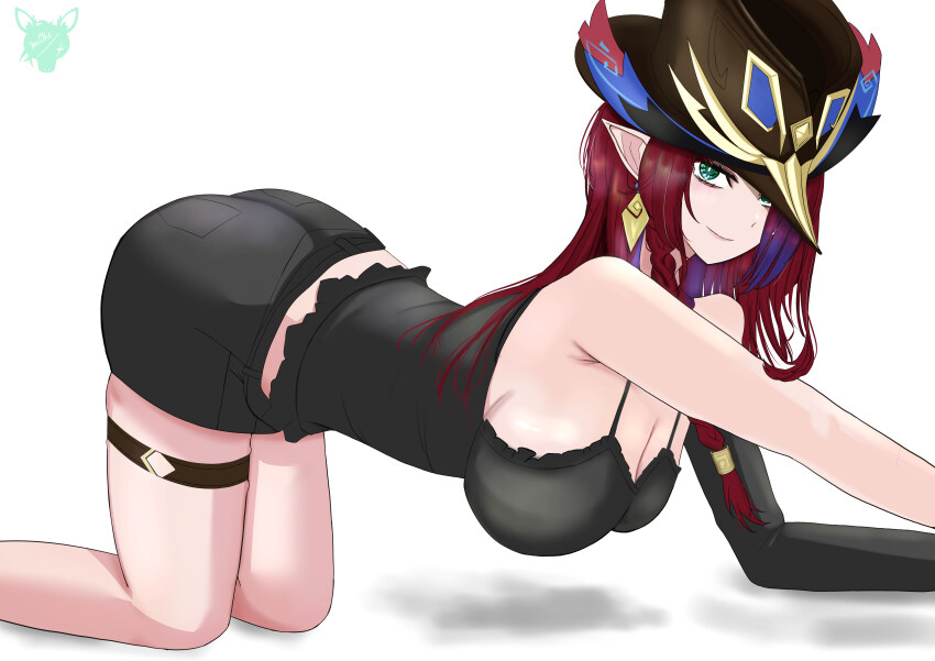 1girl absurdres artist_name artist_request asymmetrical_legwear blue_eyes bra breasts chasca_(genshin_impact) earrings genshin_impact hat highres jewelry leg_belt maoha red_hair signature underwear watermark white_background
