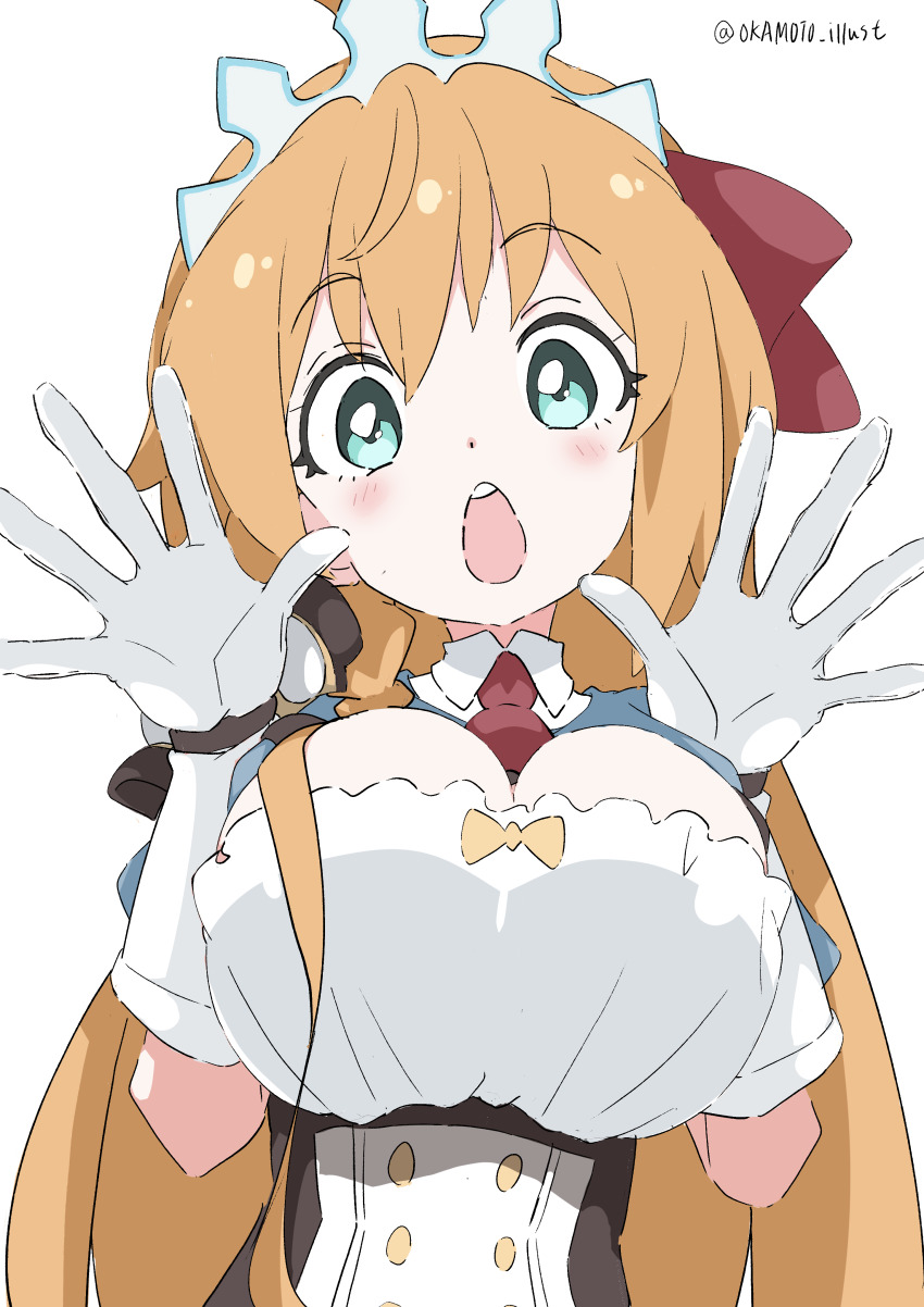 1girl :o absurdres ascot blue_eyes braid breasts buttons collar commentary dot_nose eyelashes gloves hands_up highres large_breasts light_blush long_hair open_mouth orange_hair pecorine_(princess_connect!) princess_connect! red_ascot sidelocks signature simple_background solo surprised teeth tiara twitter_username upper_body upper_teeth_only white_background white_gloves white_gorilla_(okamoto)