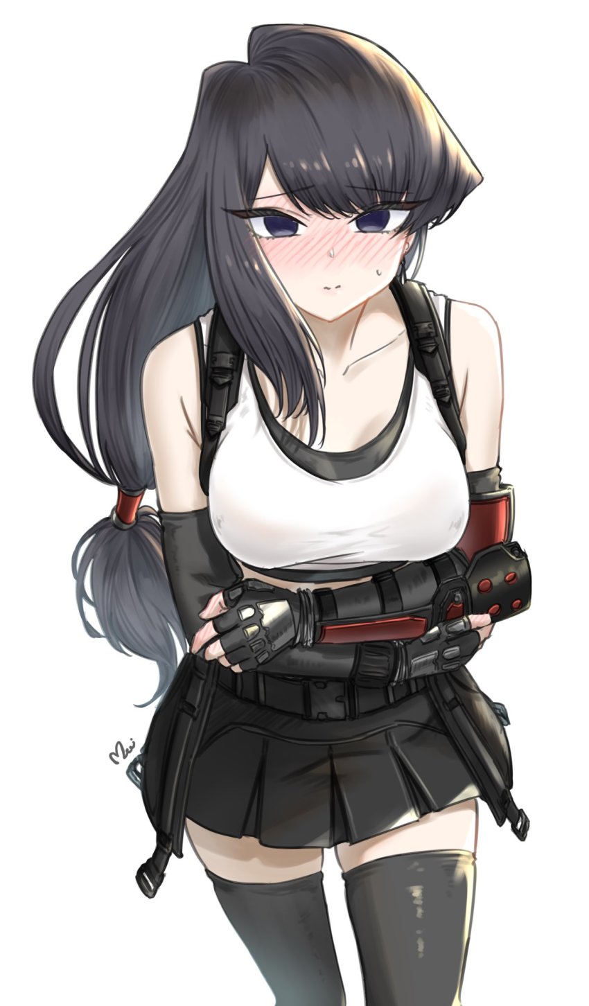 1girl arms_under_breasts bare_shoulders belt black_eyes black_hair black_skirt black_thighhighs blunt_bangs blush breasts collarbone commentary_request cosplay covering_stomach crop_top earrings elbow_pads embarrassed female_focus final_fantasy final_fantasy_vii final_fantasy_vii_remake fingerless_gloves gloves highres jewelry komi-san_wa_komyushou_desu komi_shouko large_breasts long_hair looking_at_viewer low-tied_long_hair mitsugu pleated_skirt simple_background skirt solo tank_top thighhighs tifa_lockhart tifa_lockhart_(cosplay) very_long_hair white_background white_tank_top zettai_ryouiki