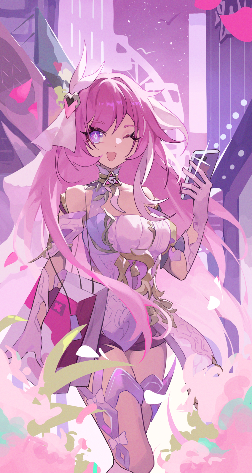 1girl :d absurdres bag bare_shoulders black_shorts breasts building cleavage elbow_gloves elysia_(herrscher_of_human:_ego)_(honkai_impact) elysia_(honkai_impact) falling_petals gloves hair_between_eyes highres holding holding_bag holding_phone honkai_(series) honkai_impact_3rd large_breasts legs long_hair looking_at_viewer one_eye_closed open_mouth outdoors petals phone pink_eyes pink_hair pink_sky shirt shopping_bag short_shorts shorts sky smile solo thigh_strap triquetra veil very_long_hair white_gloves white_shirt white_veil xinliu_asato