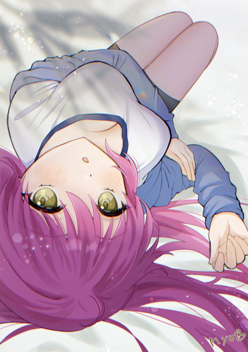 1girl :o ahoge arm_under_breasts bed_sheet bike_shorts black_shorts blush breasts cleavage commentary_request eyelashes foreshortening full_body futaki_kanata gym_uniform hair_spread_out hand_up highres knees_up large_breasts light_particles little_busters! long_hair long_sleeves looking_at_viewer lying on_back open_mouth piyo_(kinkooo333) purple_hair shirt shorts signature solo tsurime upturned_eyes white_shirt yellow_eyes