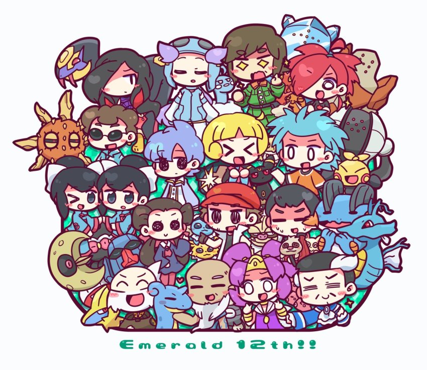 &gt;_&lt; 6+boys 6+girls altaria anabel_(pokemon) anniversary asymmetrical_bangs bald black_hair blonde_hair blush blush_stickers brandon_(pokemon) brawly_(pokemon) brown_hair claydol closed_eyes commentary_request copyright_name creature dusclops elite_four facing_viewer flannery_(pokemon) frontier_brain gen_1_pokemon gen_2_pokemon gen_3_pokemon greta_(pokemon) gym_leader heart horns jolteon juan_(pokemon) kingdra lapras legendary_pokemon liza_(pokemon) long_hair looking_at_viewer lucy_(pokemon) lunatone luvdisc makuhita manectric multiple_boys multiple_girls nintendo noland_(pokemon) norman_(pokemon) nosepass old old_man pokemon pokemon_(creature) pokemon_emerald pokemon_rse red_eyes red_headwear regice regirock registeel roxanne_(pokemon) scott_(pokemon) seviper shedinja short_hair shuckle siblings sidelocks simple_background single_horn slaking slugma snorlax solrock sparkling_eyes spenser_(pokemon) spiked_hair spinda sunglasses swampert tate_(pokemon) torkoal tucker_(pokemon) twintails umbreon vaporeon wattson_(pokemon) white_background white_hair winona_(pokemon) yamadakyou_kurotan