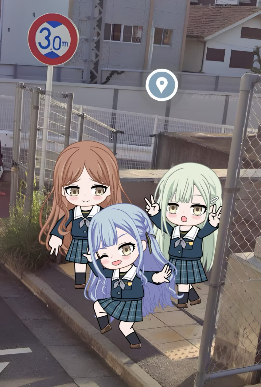 3girls :o ;d arm_up arms_up bang_dream! bang_dream!_it&#039;s_mygo!!!!! black_socks blue_hair blush brown_eyes brown_hair buttons chibi chibi_only chinese_commentary closed_mouth commentary_request curly_hair day double_v fanged_bangs frown full_body green_hair grey_neckerchief hair_ornament hairclip hand_up happy high_school_girls_posing_for_google_street_view_(meme) highres inward_v leg_up long_hair long_sleeves looking_at_another looking_at_viewer meme multiple_girls nagasaki_soyo neckerchief one_eye_closed open_mouth outdoors parted_bangs photo-referenced photo_background plaid_clothes plaid_skirt pleated_skirt road school_uniform skirt smile socks split_mouth standing standing_on_one_leg straight_hair street swept_bangs togawa_sakiko tsukinomori_school_uniform two_side_up v wakaba_mutsumi yan_lihua yellow_eyes