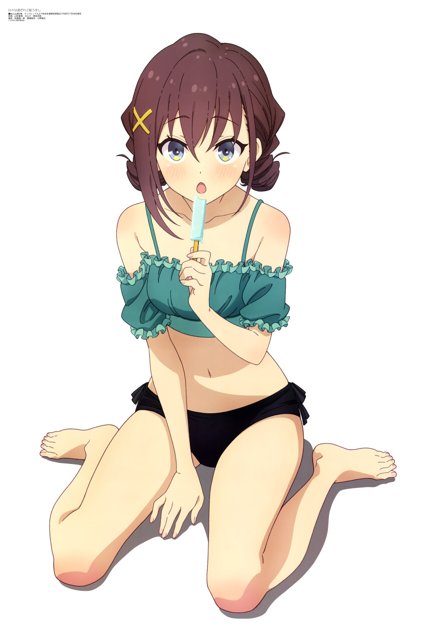 1girl :o absurdres anime_coloring armpit_crease bare_legs bare_shoulders barefoot bikini black_bikini blue_eyes breasts brown_hair collarbone copyright_name copyright_notice double_bun food frilled_bikini_top furutachi_kurea green_bikini hair_between_eyes hair_bun hair_ornament hibi_wa_sugiredo_meshi_umashi highres holding holding_food holding_popsicle light_blush looking_at_viewer magazine_scan medium_breasts medium_hair megami_magazine navel off-shoulder_bikini off_shoulder official_art open_mouth popsicle scan shade sidelocks simple_background sitting solo stomach swimsuit wariza white_background wispy_bangs x_hair_ornament yamagata_haruka
