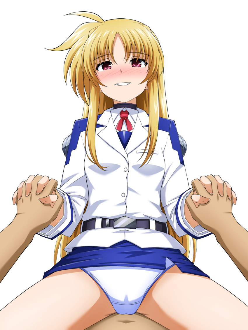 ahoge alternate_costume alternate_hairstyle belt belt_buckle blonde_hair blush buckle cameltoe eyebrows_hidden_by_hair fate_testarossa grin hair_down highres holding_hands long_hair long_sleeves looking_at_viewer lyrical_nanoha mahou_shoujo_lyrical_nanoha oshimaru026 panties pencil_skirt red_eyes red_ribbon ribbon sidelocks simple_background skirt smile straddling tsab_air_military_uniform underwear very_long_hair white_background white_panties