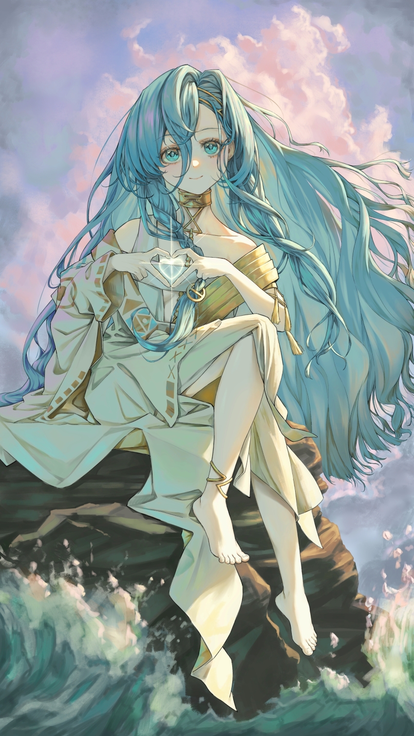 1girl 37_(reverse:1999) four-finger_heart_hands absurdres ancient_greek_clothes anklet bare_shoulders barefoot blue_eyes blue_hair closed_mouth cloud feet full_body gold_choker greco-roman_clothes hair_between_eyes hands_up heart heart_hands highres jewelry long_hair looking_at_viewer ocean on_rock purple_sky reverse:1999 rock sidelighting sitting sky smile solo toes toga tongshan_treeless very_long_hair