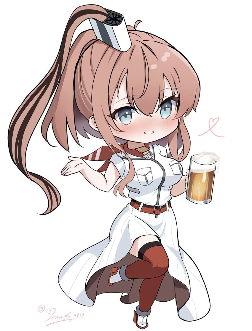 1girl anchor beer_mug belt blue_eyes blush breast_pocket breasts brown_hair chibi commentary_request cup dimos_(dawn_1945) dress hair_between_eyes high_side_ponytail highres holding holding_cup kantai_collection large_breasts looking_at_viewer mug neckerchief pocket ponytail red_belt red_neckerchief red_thighhighs rudder_footwear saratoga_(kancolle) side_ponytail simple_background smile smokestack smokestack_hair_ornament solo thighhighs white_dress