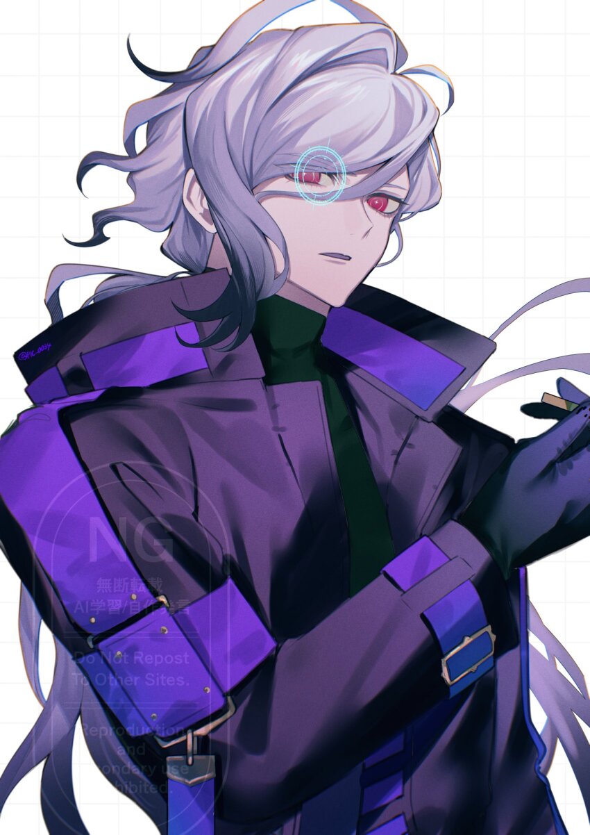 1boy arm_belt artist_name belt black_coat black_gloves black_hair black_shirt bright_pupils coat cross-shaped_pupils crosshair edmond_dantes_(fate) eyes_visible_through_hair fate/grand_order fate_(series) film_grain gloves grid_background hair_between_eyes hand_up highres long_hair long_sleeves looking_at_viewer low_ponytail male_focus open_clothes open_coat parted_lips ponytail purple_belt red_eyes shirt simple_background solo symbol-shaped_pupils the_count_of_monte_cristo_(fate) the_count_of_monte_cristo_(future_encounter)_(fate) turtleneck twitter_username upper_body uxco0 very_long_hair watermark white_background white_pupils