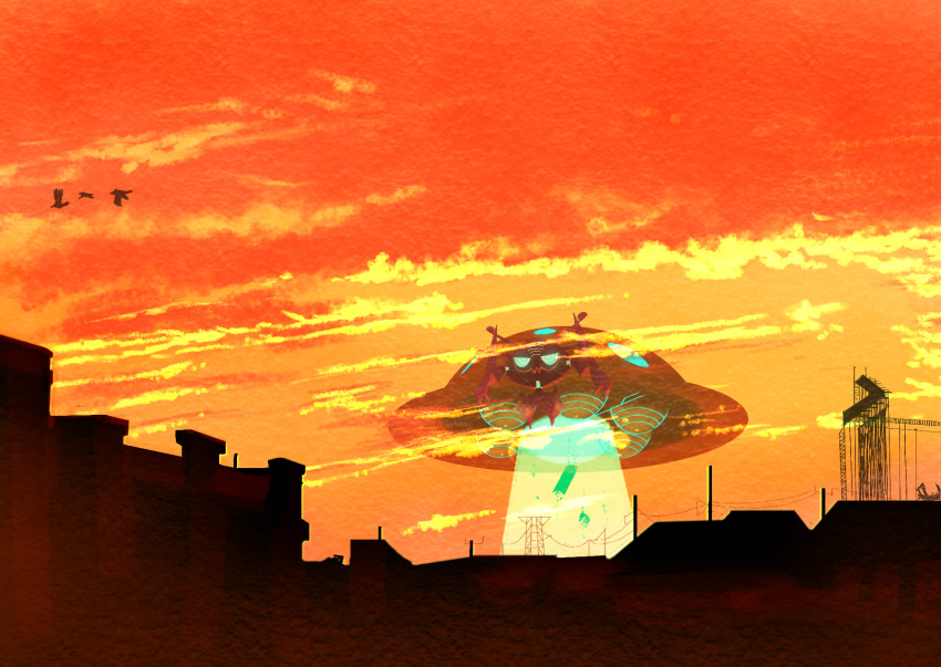 bird building cloud commentary_request cosmo_(465lilia) dynamax floating flying full_body gen_8_pokemon gigantamax gigantamax_orbeetle highres nintendo no_humans orange_sky orbeetle outdoors pokemon pokemon_(creature) pokemon_focus scenery sky solo_focus tractor_beam transmission_tower