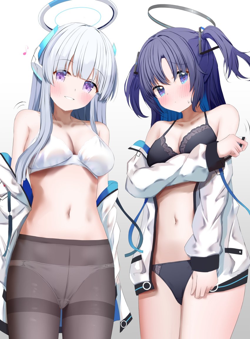 2girls absurdres ashinagi_(bijutu1) black_bra black_panties blue_archive blush bra breasts cleavage collarbone crotch_seam grey_hair grey_pantyhose grin halo heart heart-shaped_pupils highres jacket long_hair looking_at_viewer medium_breasts multiple_girls noa_(blue_archive) open_clothes open_jacket panties panties_under_pantyhose pantyhose purple_eyes purple_hair sidelocks smile symbol-shaped_pupils two_side_up underwear very_long_hair white_bra white_jacket white_panties yuuka_(blue_archive)