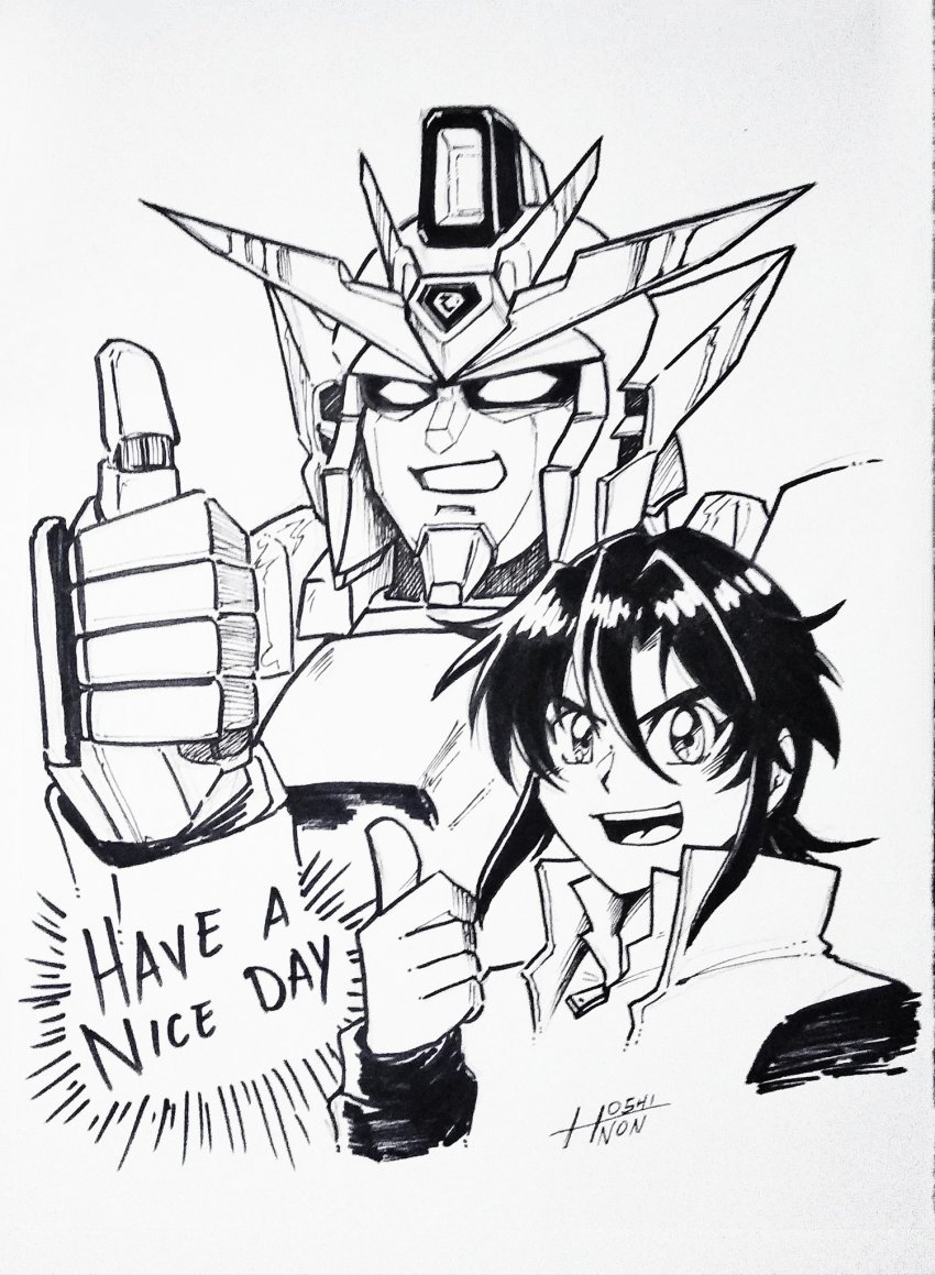 1boy after_war_gundam_x artist_name commentary company_connection english_commentary english_text garrod_ran greyscale gundam gundam_x hair_behind_ear hair_between_eyes highres hoshinon ink_(medium) jacket mecha monochrome open_mouth parody robot solo_focus style_parody sunrise_(company) super_robot traditional_media v-fin white_background yuusha_series