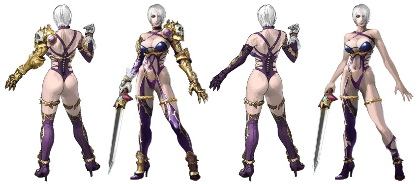 1girl armor ass back bare_arms bare_shoulders boots breasts reference_sheet closed_mouth concept_art curvy detached_collar earrings full_body gauntlets gloves hair_over_one_eye highleg highleg_leotard highres holding holding_sword holding_weapon huge_ass isabella_valentine jewelry large_breasts leotard lipstick looking_at_viewer makeup multiple_views navel official_art parted_lips purple_leotard revealing_clothes shiny_skin short_hair shoulder_pads simple_background smile soul_calibur soulcalibur soulcalibur_iv sword thighhighs thong_leotard turnaround underboob unworn_armor weapon whip_sword white_background white_hair wide_hips