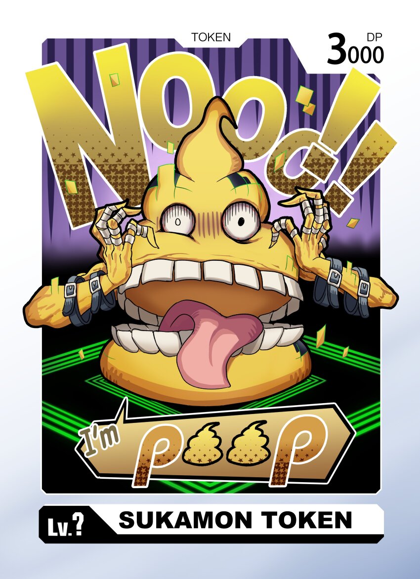 absurdres belt digimon digimon_(creature) digimon_card_game highres looking_at_viewer scumon solo surprised token_(tcg) tongue tongue_out