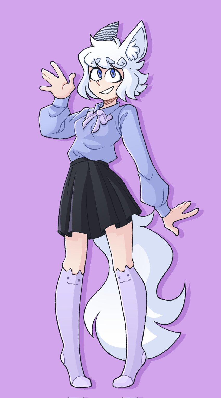 1girl animal_ear_fluff animal_ear_legwear animal_ears black_skirt blue_eyes blue_shirt breasts cat_ear_legwear commentary crunnchy english_commentary fox_ears fox_girl highres long_sleeves looking_at_viewer mole mole_under_eye no_shoes open_mouth original pink_socks purple_background shirt short_hair simple_background skirt small_breasts socks solo tail waving white_hair yuki_(crunnchy)