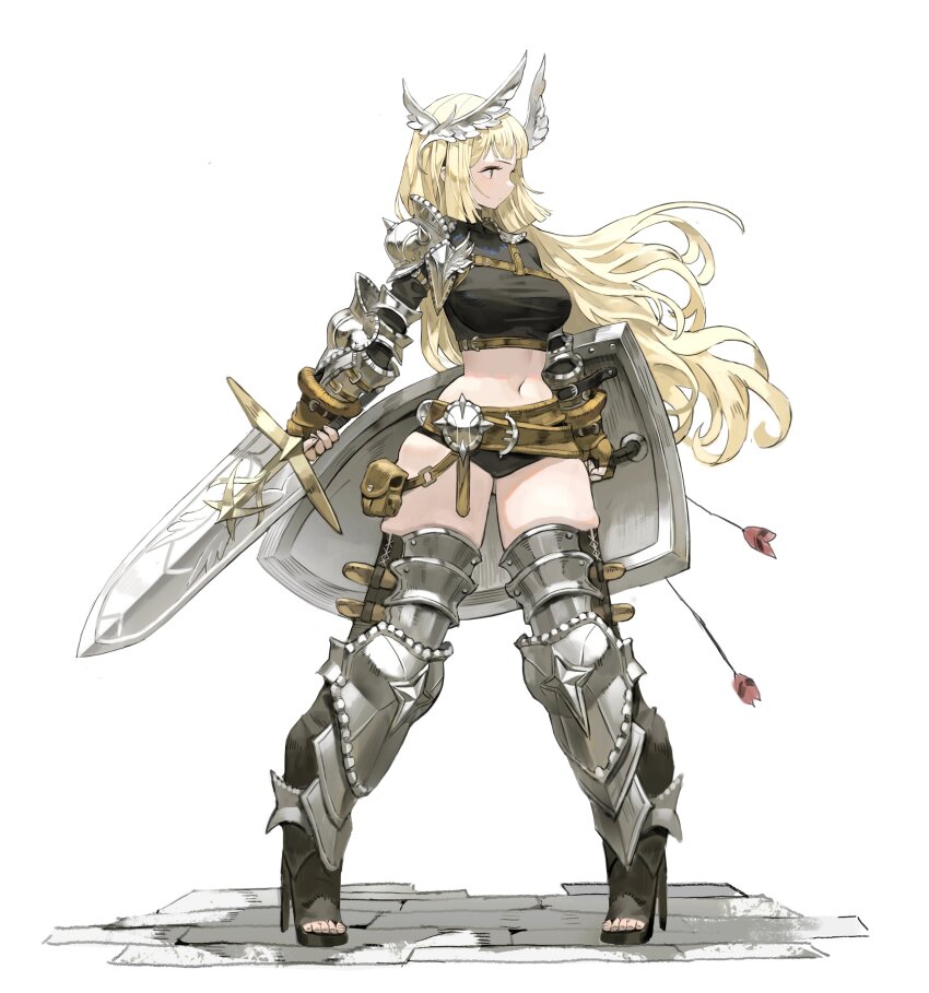 1girl absurdres armor arowana2111 arrow_(projectile) belt black_boots black_shirt black_shorts blonde_hair boots breasts brick_floor brown_belt commentary cropped_shirt english_commentary full_body hair_ornament high_heel_boots high_heels highres holding holding_knife holding_shield holding_sword holding_weapon knife large_breasts legs_apart long_sleeves looking_ahead micro_shorts navel original outstretched_arms shield shirt shorts shoulder_armor shoulder_belt simple_background solo sword thigh_boots tight_clothes tight_shirt vambraces weapon white_background
