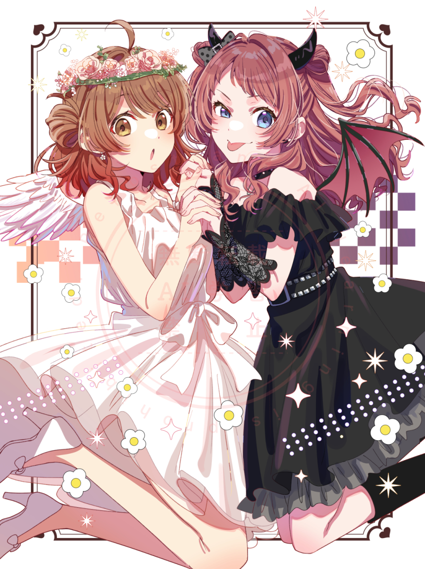 2girls :o :p ahoge angel_and_devil angel_wings black_boots black_bow black_choker black_dress blue_eyes boots bow brown_eyes brown_hair checkered_background choker collarbone commentary demon_horns demon_wings dress earrings flower flower_earrings frilled_dress frills from_side gakuen_idolmaster hair_bow hair_bun hair_flower hair_ornament half-closed_eye hanami_saki hanami_ume head_wreath high_heels highres hirayama_kanna holding_hands horns idolmaster jewelry knee_boots lace_sleeves long_hair looking_at_viewer medium_hair multiple_girls no_socks polka_dot polka_dot_bow red_hair shoes siblings single_side_bun sisters studded_dress symbol-only_commentary tongue tongue_out two_side_up watermark white_bow white_dress white_shoes wings