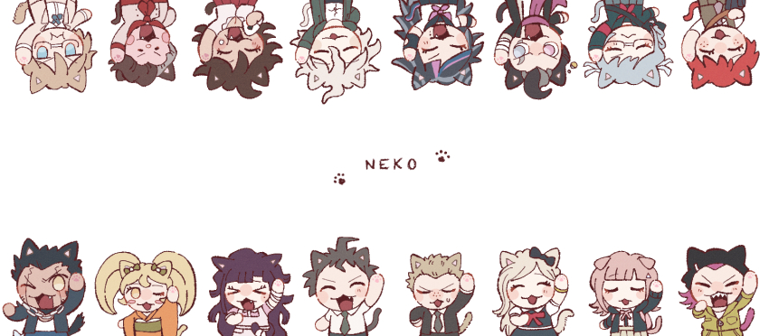 30en_(esx5g) 6+boys 6+girls :d ;d ahoge animal_ears black_hair black_pants blonde_hair blue_hair blush blush_stickers braid brown_hair cat_boy cat_ears cat_girl cat_tail chef_hat chibi closed_eyes danganronpa_(series) danganronpa_2:_goodbye_despair flipped_hair freckles glasses green_jacket green_necktie grey_hair hair_between_eyes hair_ornament hair_ribbon hanamura_teruteru hand_up hat highres hinata_hajime jacket koizumi_mahiru komaeda_nagito kuzuryu_fuyuhiko medium_hair miniskirt mioda_ibuki mole mole_under_eye multicolored_hair multiple_boys multiple_girls nanami_chiaki necktie nidai_nekomaru one_eye_closed open_clothes open_jacket open_mouth owari_akane pants pekoyama_peko pink_hair print_shirt purple_hair red_skirt ribbon saionji_hiyoko school_uniform shirt short_hair skirt smile soda_kazuichi sonia_nevermind tail tanaka_gundham togami_byakuya_(danganronpa_2) triangle_hair_ornament tsumiki_mikan twin_braids twintails two-tone_hair white_hair white_ribbon
