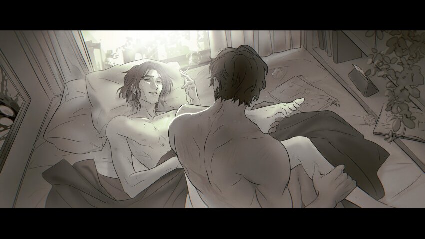 2boys alternate_universe arcane:_league_of_legends arcane_survivor_jayce back book cigarette collarbone commentary completely_nude contemporary couple curtained_hair curtains english_commentary foot_out_of_frame greyscale hickey highres holding holding_another&#039;s_foot holding_cigarette indoors jayce_(league_of_legends) league_of_legends leg_up letterboxed lilyalwei lying male_focus monochrome multiple_boys nude on_back on_bed open_book painting_(object) papers pillow plant smoke smoke_trail smoking under_covers viktor_(arcane) viktor_(league_of_legends) yaoi