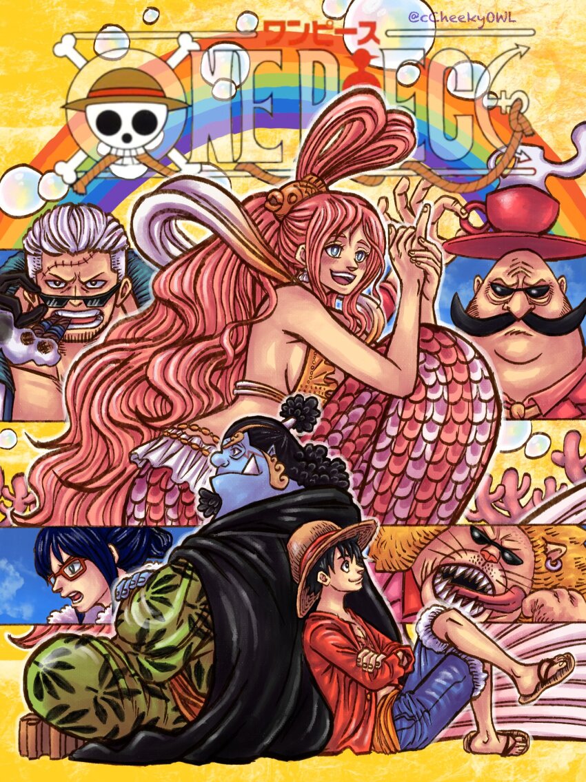 2girls 5boys back-to-back beard bikini blue_eyes blue_shorts blue_skin blush_stickers book_cover_redraw cheekyowl cigar colored_skin commentary copyright_name cup derivative_work english_commentary facial_hair fish_boy fish_hair_ornament geta glasses goatee hagoromo hair_ornament half_updo hat highres indian_style japanese_clothes jinbe_(one_piece) kimono lion_boy long_hair long_mustache looking_at_viewer mermaid monkey_d._luffy monster_girl multiple_boys multiple_girls mustache one_piece open_mouth pekoms pink_hair profile rainbow red_shirt redrawn sharp_teeth shawl shirahoshi shirt short_hair shorts sidelocks sitting smile smoke smoker_(one_piece) stitched_face stitches straw_hat sunglasses swimsuit tamago_(one_piece) teeth tusks twitter_username undercut very_long_hair very_long_mustache whiskers yellow_bikini