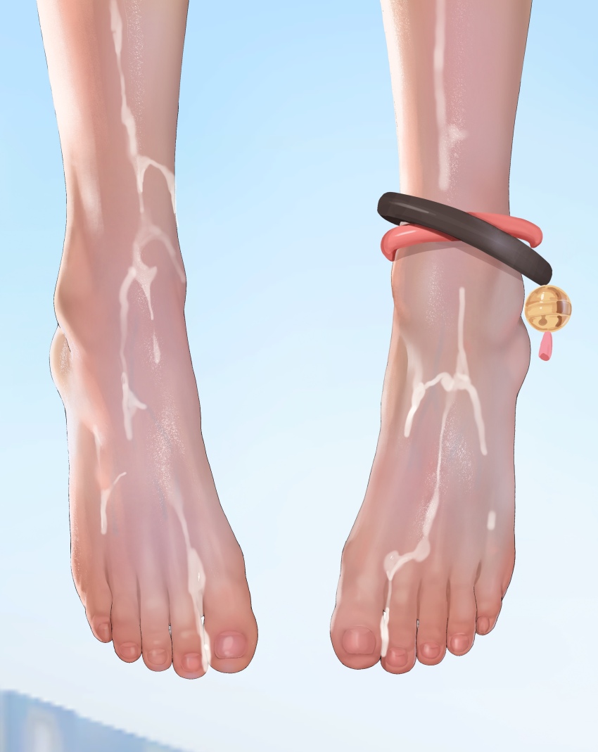 1girl anklet barefoot bell cum cum_on_body cum_on_feet feet foot_focus highres jewelry jingle_bell original rbqinori solo toenails toes