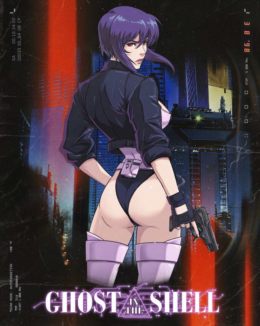 1990s_(style) 1girl arm_at_side ass belt belt_pouch black_gloves black_leotard boots breasts commentary copyright_name cover cropped_jacket cropped_legs cyberpunk english_commentary english_text fake_cover fingerless_gloves flat_ass from_behind ghost_in_the_shell gloves gun handgun highres holding holding_gun holding_weapon jacket jhony_caballero kusanagi_motoko large_breasts leather leather_jacket leotard leotard_under_clothes lips looking_back pink_belt pink_boots pouch purple_hair red_eyes retro_artstyle short_hair_with_long_locks sleeves_pushed_up solo thigh_boots trigger_discipline turning_head underbust vhs_cover weapon