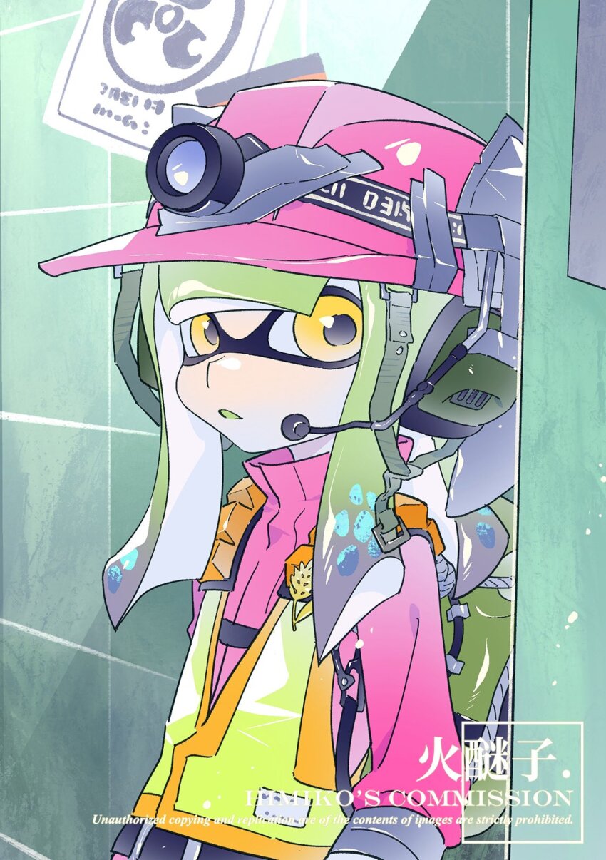 1girl colored_tongue commission duct_tape gradient_hair green_hair green_tongue headlamp headset helmet high-visibility_clothing high-visibility_vest highres himiko0025 inkling inkling_girl inkling_player_character jumpsuit lifebuoy long_hair long_sleeves looking_at_viewer mining_helmet multicolored_hair nintendo parted_lips pink_helmet pink_jumpsuit purple_hair salmon_run_(splatoon) solo splatoon_(series) splatoon_3 swim_ring tentacle_hair two-tone_hair watermark yellow_eyes