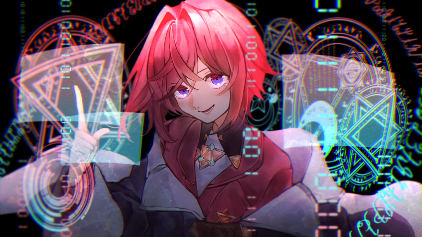 1girl ange_katrina ange_katrina_(1st_costume) binary black_background black_coat cardigan chilcy35 coat commentary_request crossed_bangs fantasy_text hair_intakes hand_up highres holographic_interface index_finger_raised looking_at_viewer lower_teeth_only magic_circle nijisanji off_shoulder open_mouth purple_eyes red_cardigan red_hair smile solo teeth upper_body virtual_youtuber