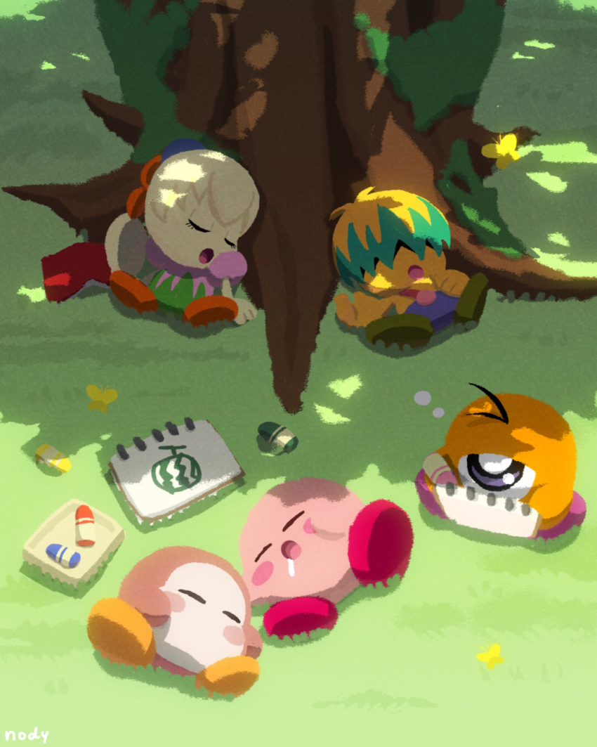 :o artist_name blonde_hair blush blush_stickers book brother_and_sister bug bun_(kirby) butterfly child&#039;s_drawing closed_eyes commentary_request crayon day drawing drooling eyelashes fumu_(kirby) grass green_hair hair_over_eyes highres holding holding_crayon holding_sketchbook insect kirby kirby:_right_back_at_ya! kirby_(series) long_hair lying moss multicolored_hair nintendo nody_(nody_lowmoo) on_back on_grass one-eyed open_book open_mouth outdoors ponytail shade short_hair siblings sitting sketchbook sleeping sleeping_upright tree tree_shade waddle_dee waddle_doo yawning yellow_butterfly