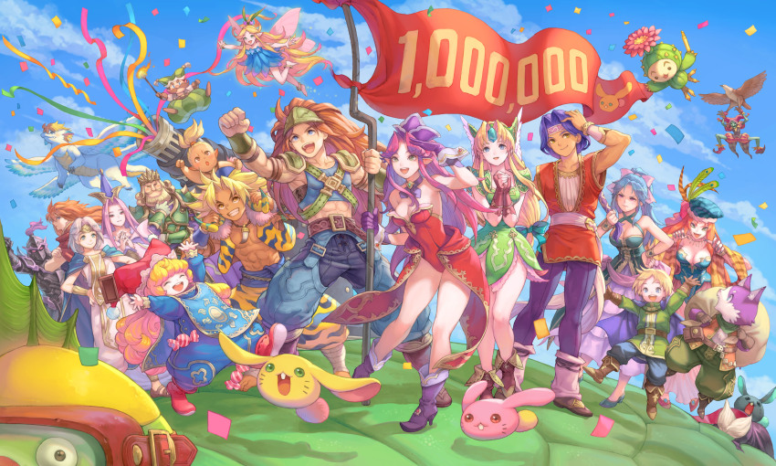 6+boys 6+girls absurdres angela_(seiken_densetsu_3) black_rabite blue_sky buck_teeth charlotte_(seiken_densetsu_3) confetti crimson_wizard crimson_wizard_(seiken_densetsu_3) darkshine_knight deathjester duran_(seiken_densetsu_3) everyone faerie_(seiken_densetsu_3) flag flammie haccan hawkeye_(seiken_densetsu_3) heath_(seiken_densetsu_3) highres isabella_(seiken_densetsu_3) jessica_(seiken_densetsu_3) kevin_(seiken_densetsu_3) leotard lil_cactus milestone_celebration multiple_boys multiple_girls muscular niccolo_(seiken_densetsu_3) official_art open_mouth rabite_(seiken_densetsu) richard_(seiken_densetsu_3) riesz seiken_densetsu seiken_densetsu_3 sky smile square_enix standing teeth valda_(seiken_densetsu_3) von_boyage_(seiken_densetsu_3)