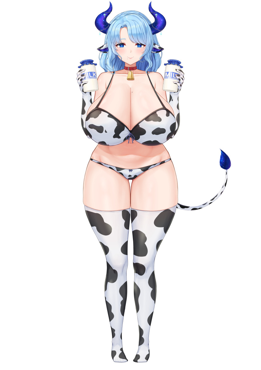 1girl absurdres animal_collar animal_ears animal_print bell bikini blue_eyes blue_hair blue_pupils blush breasts bright_pupils cleavage closed_mouth collar collarbone cow_ears cow_girl cow_horns cow_print cow_print_bikini cow_print_gloves cow_print_thighhighs cow_tail cowbell cream_cod dot_nose elbow_gloves full_body gloves highres holding holding_jar horn_ornament horns huge_breasts indie_virtual_youtuber jar lips looking_at_viewer miilkywayz milk mole mole_on_breast mole_under_eye mole_under_mouth multicolored_bikini official_art parted_bangs print_bikini print_gloves print_thighhighs purple_horns red_collar sidelocks solo standing star-shaped_pupils star_(symbol) straight-on swimsuit symbol-shaped_pupils tachi-e tail tareme thigh_gap thighhighs transparent_background two-tone_bikini virtual_youtuber wide_hips