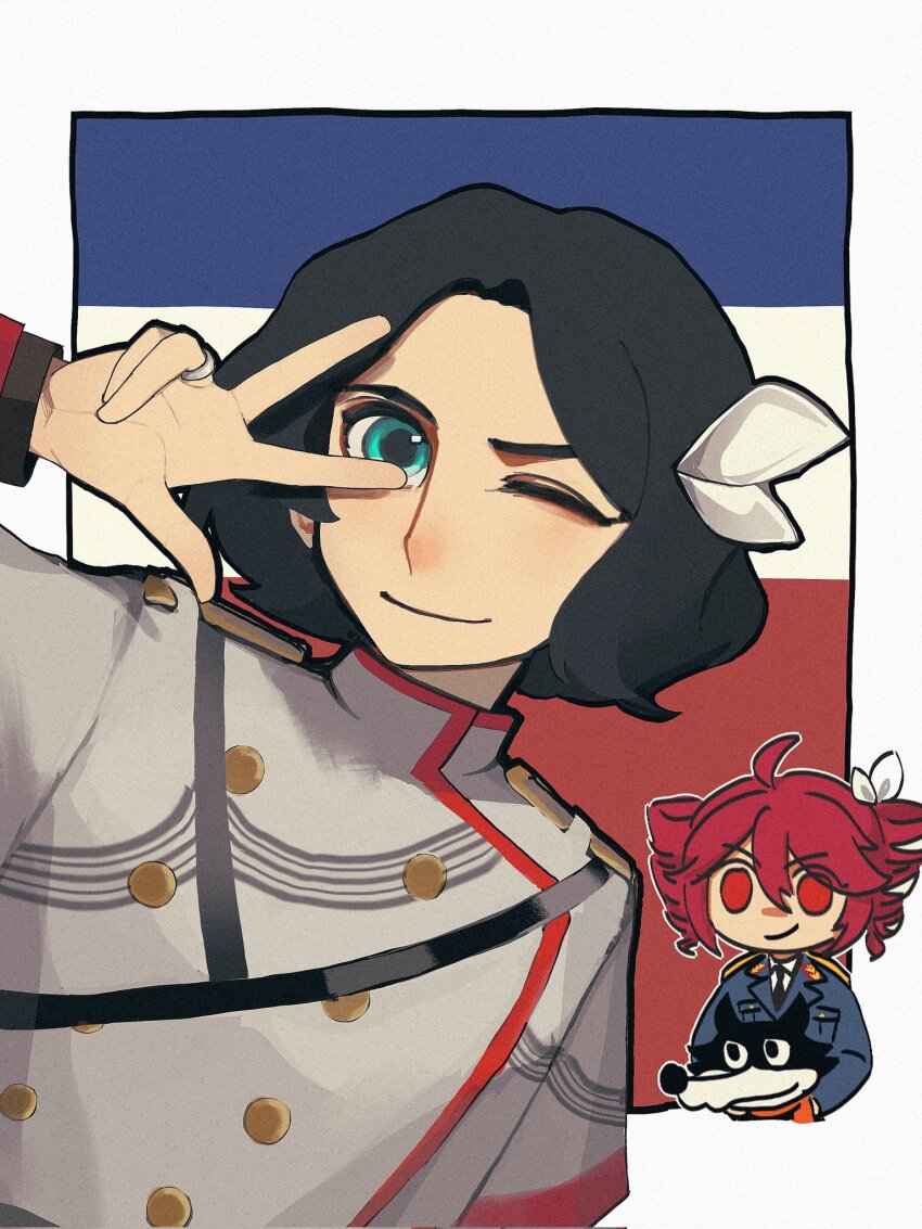 1boy 1girl ahoge black_hair black_necktie blue_eyes blue_jacket border bow breast_pocket buttons chen_feng_(slbdofcl) chibi chinese_commentary closed_mouth collar_tabs collared_shirt commentary_request cosplay costume_switch dog double-breasted drill_hair epaulettes flag_background grey_jacket hair_between_eyes hair_bow highres jacket jewelry josip_broz_tito kasane_teto kasane_teto_(sv) lapels looking_at_viewer military_uniform multicolored_background multicolored_hair necktie notched_lapels one_eye_closed outside_border parted_bangs pocket real_life red_eyes red_hair red_scarf red_trim ring scarf shirt short_hair shoulder_belt shoulder_boards smile streaked_hair striped_clothes striped_jacket synthesizer_v twin_drills utau w white_border white_bow white_hair white_shirt wing_collar yugoslavian_flag