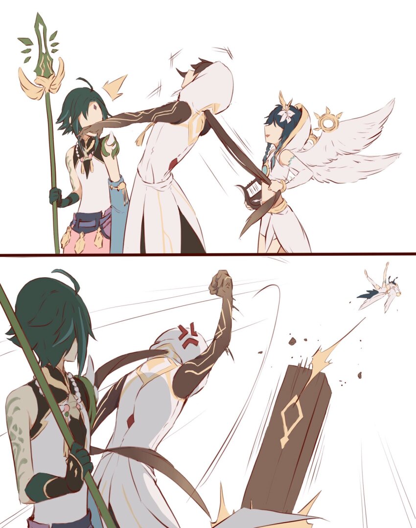 3boys anger_vein genshin_impact highres in_air multiple_boys official_alternate_costume popiahpot primordial_jade_winged-spear_(genshin_impact) twitter venti_(archon)_(genshin_impact) venti_(genshin_impact) white_background xiao_(genshin_impact) zhongli_(archon)_(genshin_impact) zhongli_(genshin_impact)