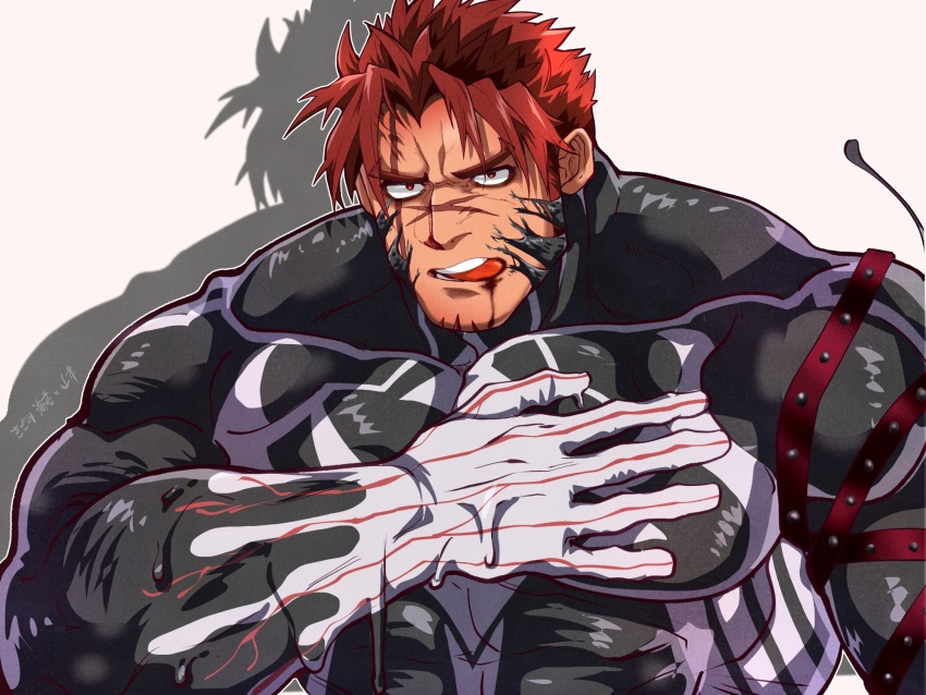 1boy akashi_(alter)_(live_a_hero) bara black_bodysuit bodysuit cross_scar hand_on_own_chest highres kizami_nori_to_yamaimo large_pectorals live_a_hero male_focus muscular muscular_male pectorals red_eyes red_hair scar scar_on_face short_hair simple_background solo tongue tongue_out translation_request upper_body white_background