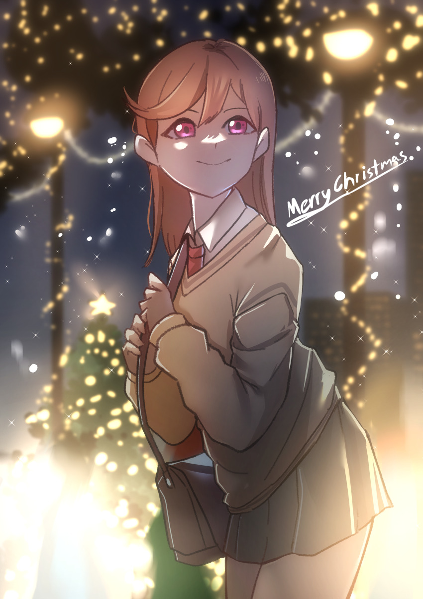 1girl absurdres christmas highres long_hair looking_at_viewer love_live! love_live!_superstar!! merry_christmas orange_hair over_flow99 purple_eyes shibuya_kanon smile solo
